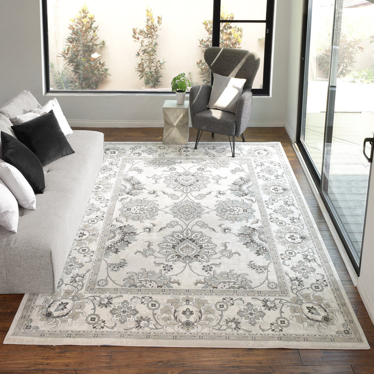 Ivory and Gray Traditional Oriental Floral Border Area Rug