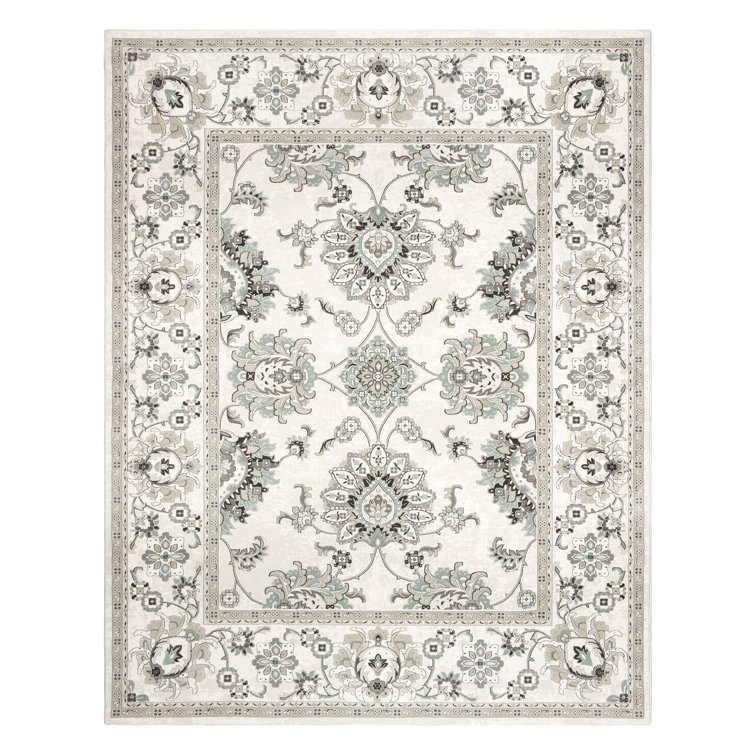Ivory and Gray Traditional Oriental Floral Border Area Rug