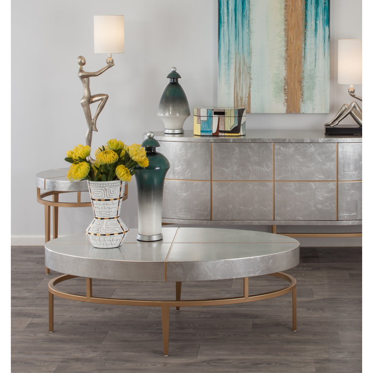 Oval Gold and Silver Metal Base Coffee Table
