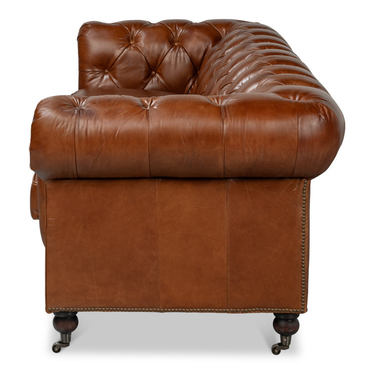 Traditional Tufted Brown Leather Chesterfield Sofa with Nailhead Details