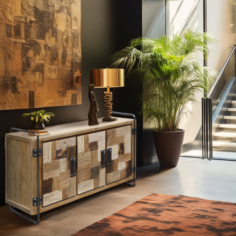 Handcrafted Rustic Teak Wood Media Console with Patterned Cabinet Doors