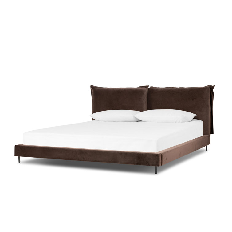 Queen Brown Velvet Upholstered Bed with Headboard and Drawer