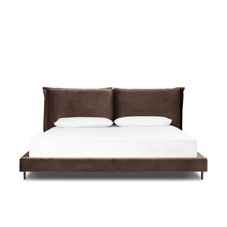 Queen Brown Velvet Upholstered Bed with Headboard and Drawer