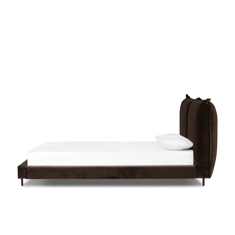 Queen Brown Velvet Upholstered Bed with Headboard and Drawer