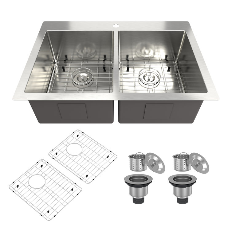 33'' Drop-In Double Bowl Stainless Steel Kitchen Sink with Accessories