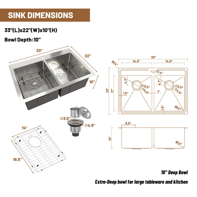 33'' Drop-In Double Bowl Stainless Steel Kitchen Sink with Accessories