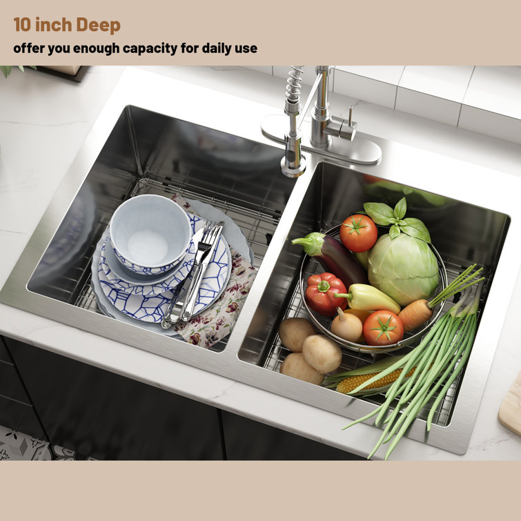 33'' Drop-In Double Bowl Stainless Steel Kitchen Sink with Accessories