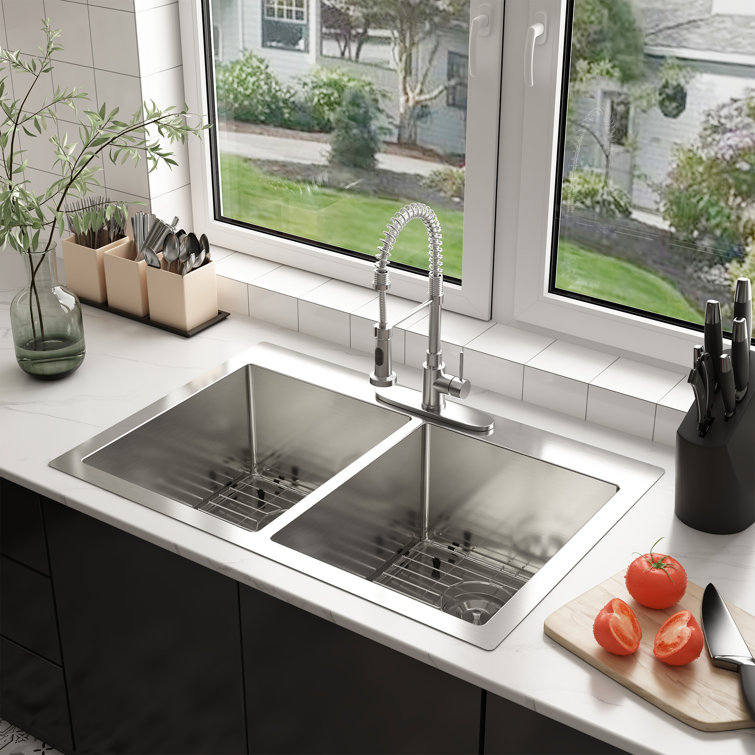 33'' Drop-In Double Bowl Stainless Steel Kitchen Sink with Accessories