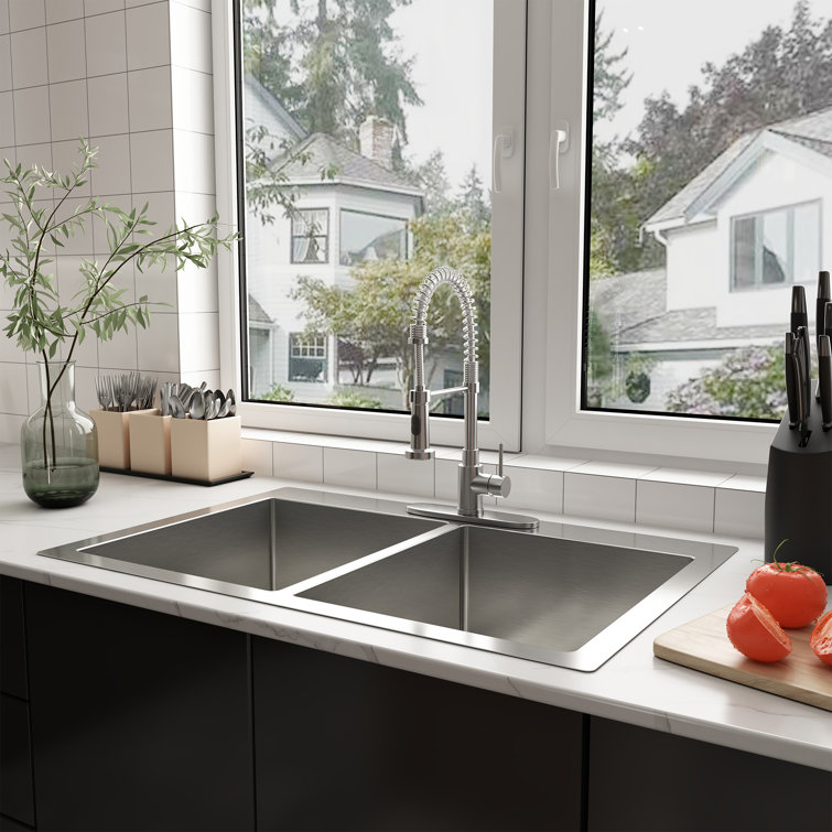 33'' Drop-In Double Bowl Stainless Steel Kitchen Sink with Accessories