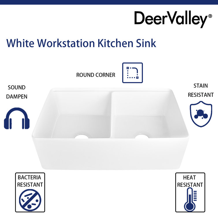 33" White Fireclay Double Bowl Farmhouse Workstation Sink