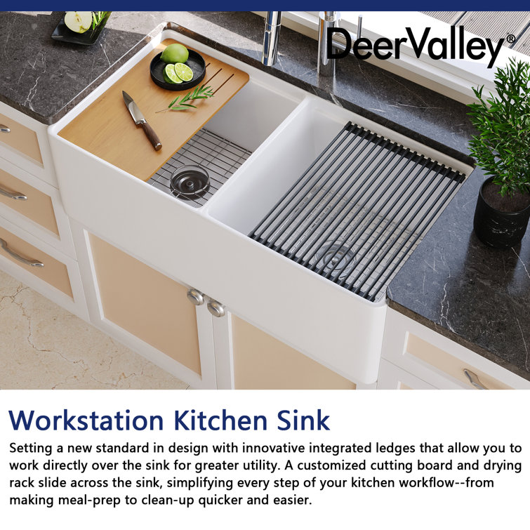 33" White Fireclay Double Bowl Farmhouse Workstation Sink