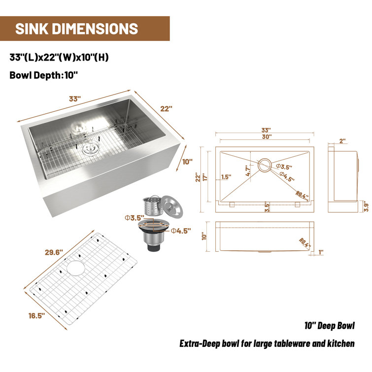 33'' Brushed Stainless Steel Farmhouse Single Bowl Kitchen Sink