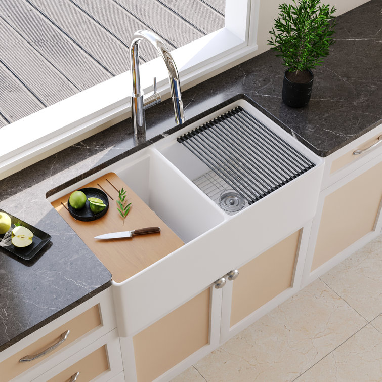 33" White Fireclay Double Bowl Farmhouse Workstation Sink