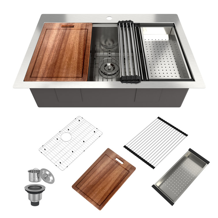 33'' Brushed Stainless Steel Single Bowl Workstation Kitchen Sink