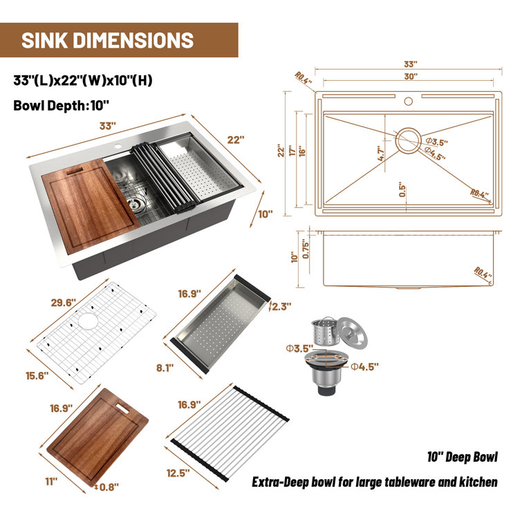 33'' Brushed Stainless Steel Single Bowl Workstation Kitchen Sink