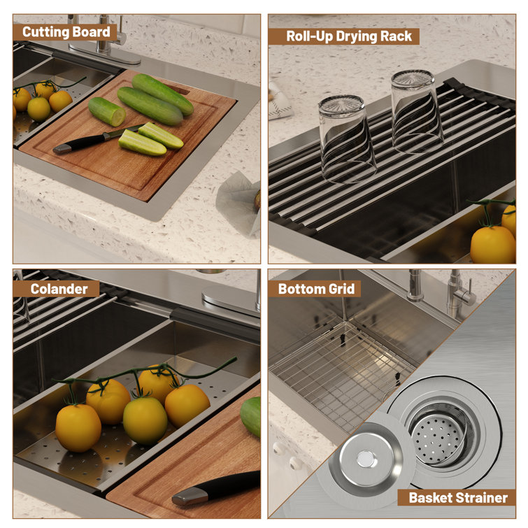 33'' Brushed Stainless Steel Single Bowl Workstation Kitchen Sink