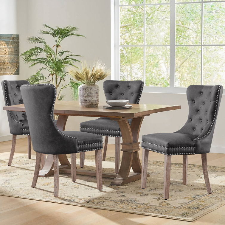 Gray Tufted Faux Leather Dining Chairs with Wood Legs, Set of 4
