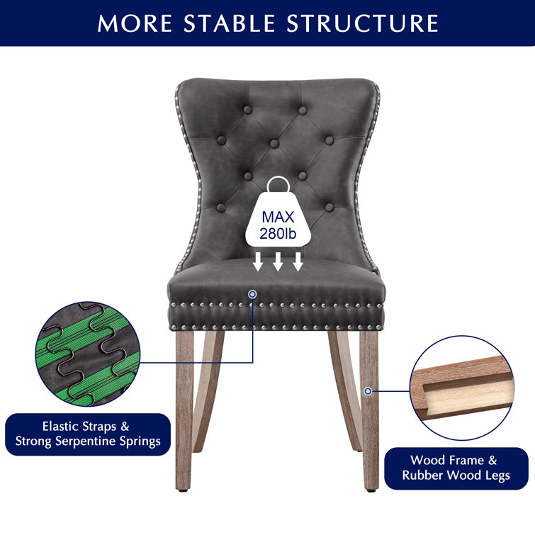 Gray Tufted Faux Leather Dining Chairs with Wood Legs, Set of 4