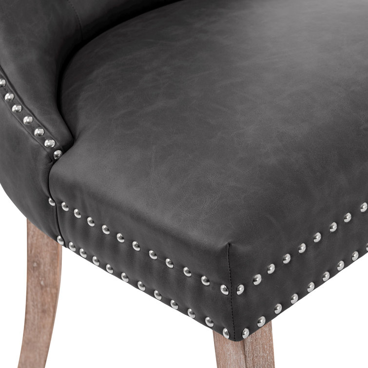 Gray Tufted Faux Leather Dining Chairs with Wood Legs, Set of 4