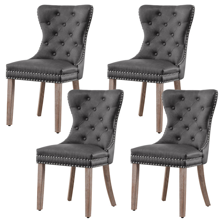 Gray Tufted Faux Leather Dining Chairs with Wood Legs, Set of 4