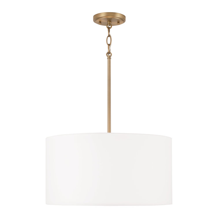 Aged Brass 3-Light Drum Pendant with White Fabric Shade