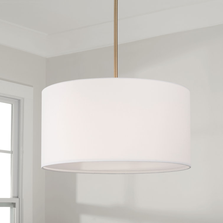 Aged Brass 3-Light Drum Pendant with White Fabric Shade