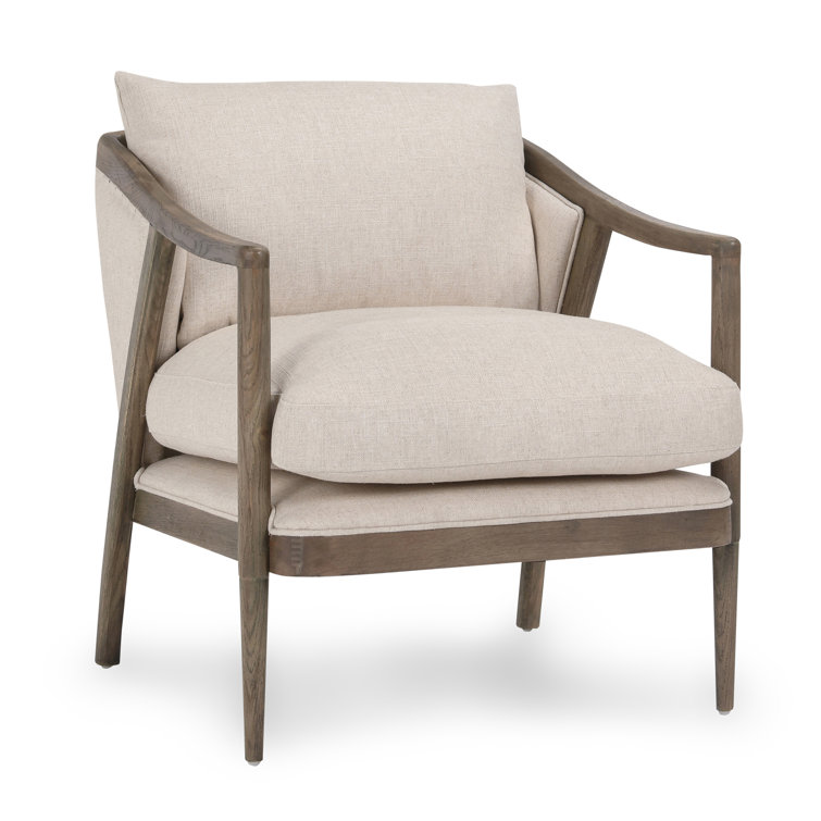 Transitional Beige Leather Swivel Accent Chair with Oak Accents