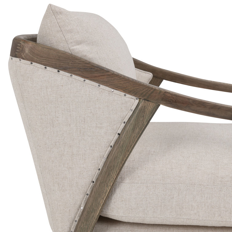 Transitional Beige Leather Swivel Accent Chair with Oak Accents