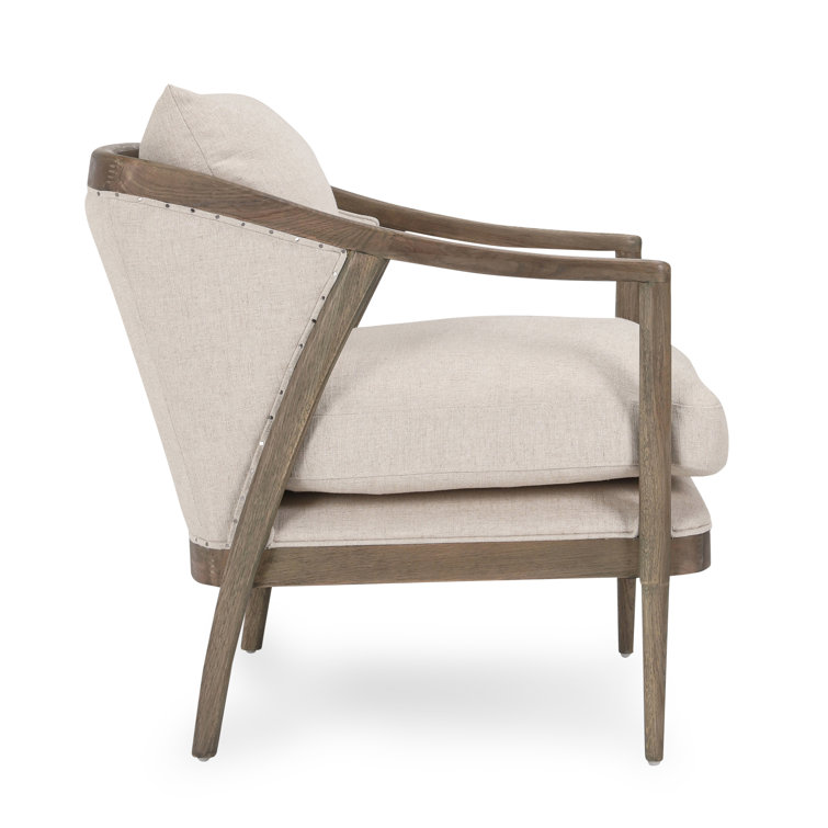 Transitional Beige Leather Swivel Accent Chair with Oak Accents
