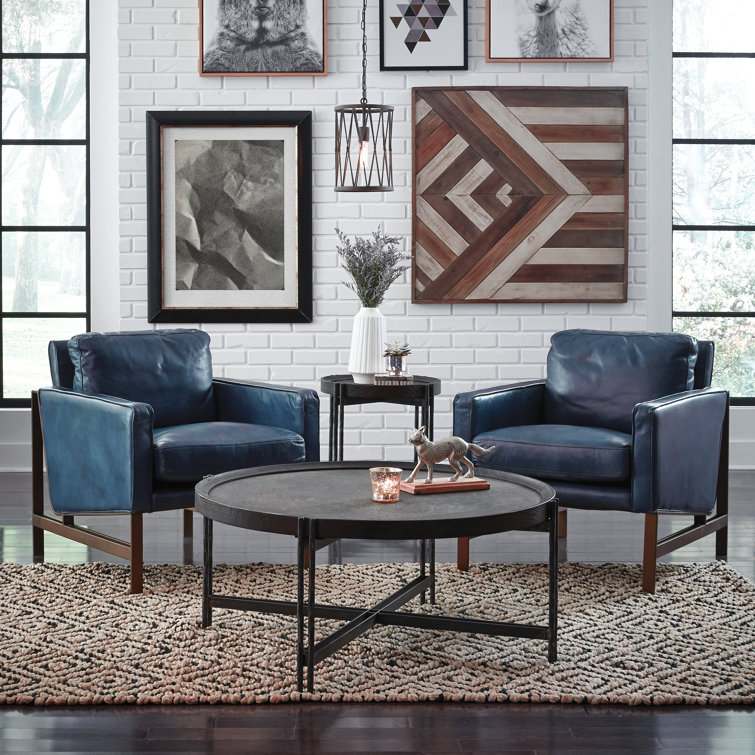 Transitional Blue Leather Club Accent Chair with Brass Metal Frame