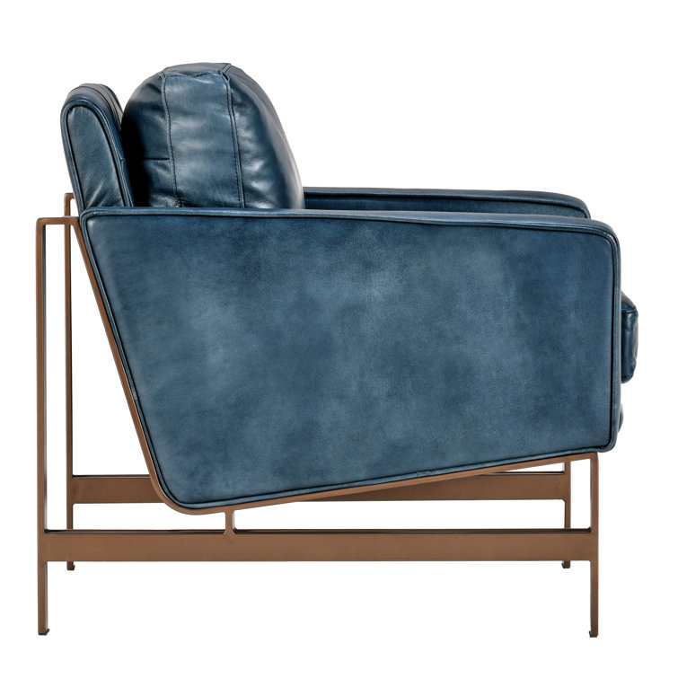 Transitional Blue Leather Club Accent Chair with Brass Metal Frame