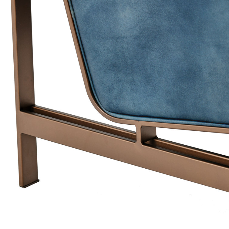 Transitional Blue Leather Club Accent Chair with Brass Metal Frame