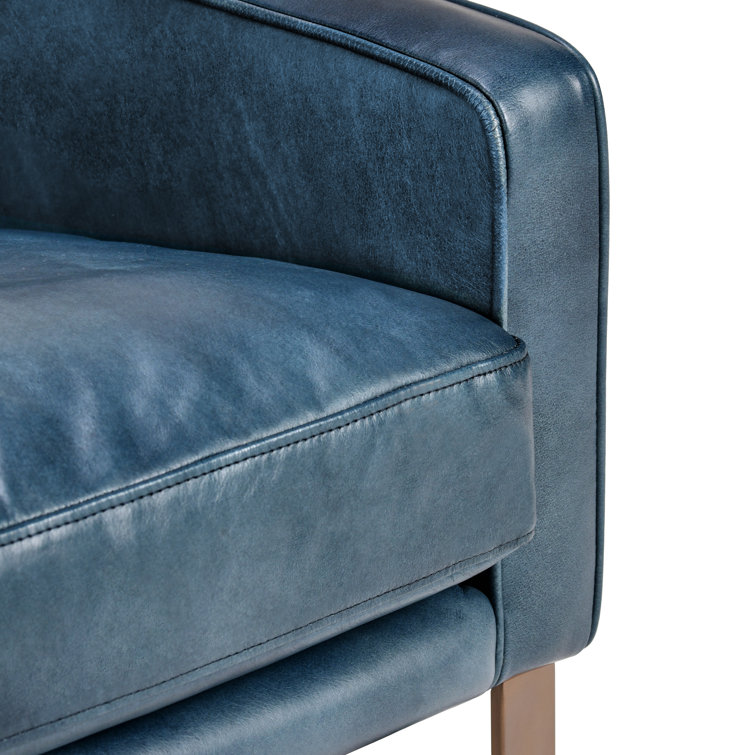 Transitional Blue Leather Club Accent Chair with Brass Metal Frame