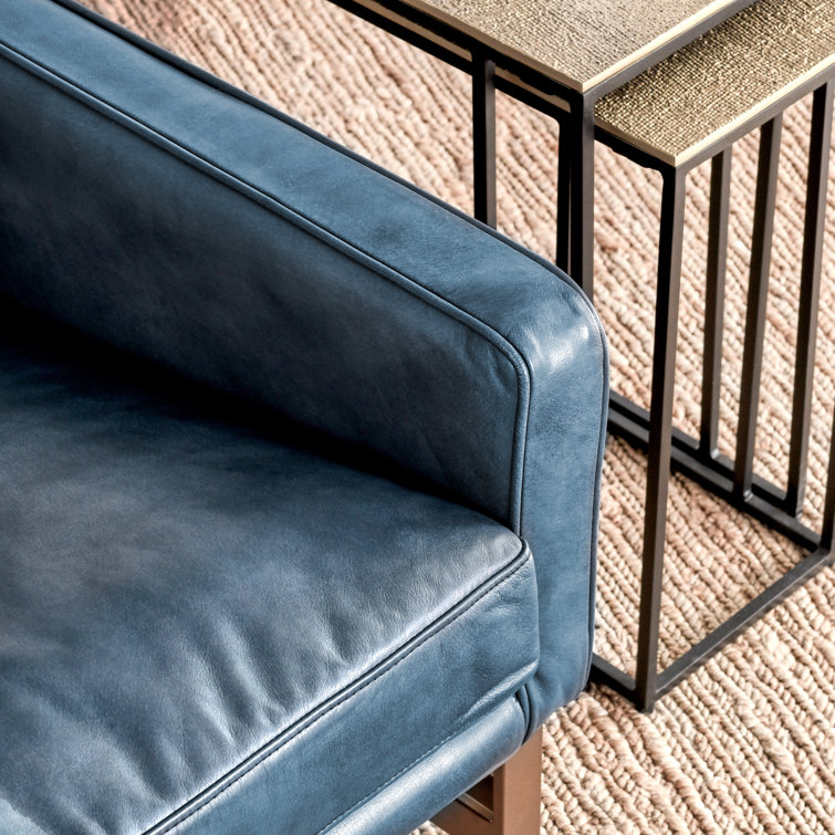 Transitional Blue Leather Club Accent Chair with Brass Metal Frame