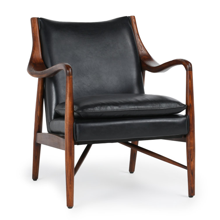 Transitional Black Genuine Leather and Wood Accent Chair