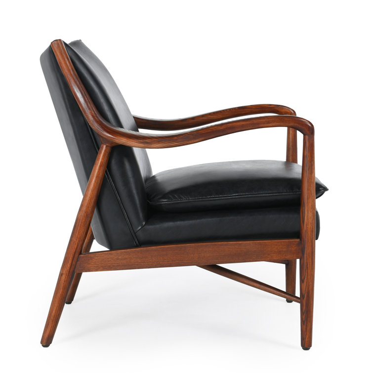 Transitional Black Genuine Leather and Wood Accent Chair