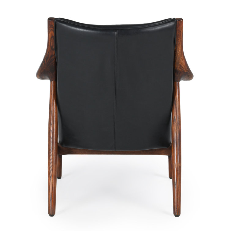 Transitional Black Genuine Leather and Wood Accent Chair
