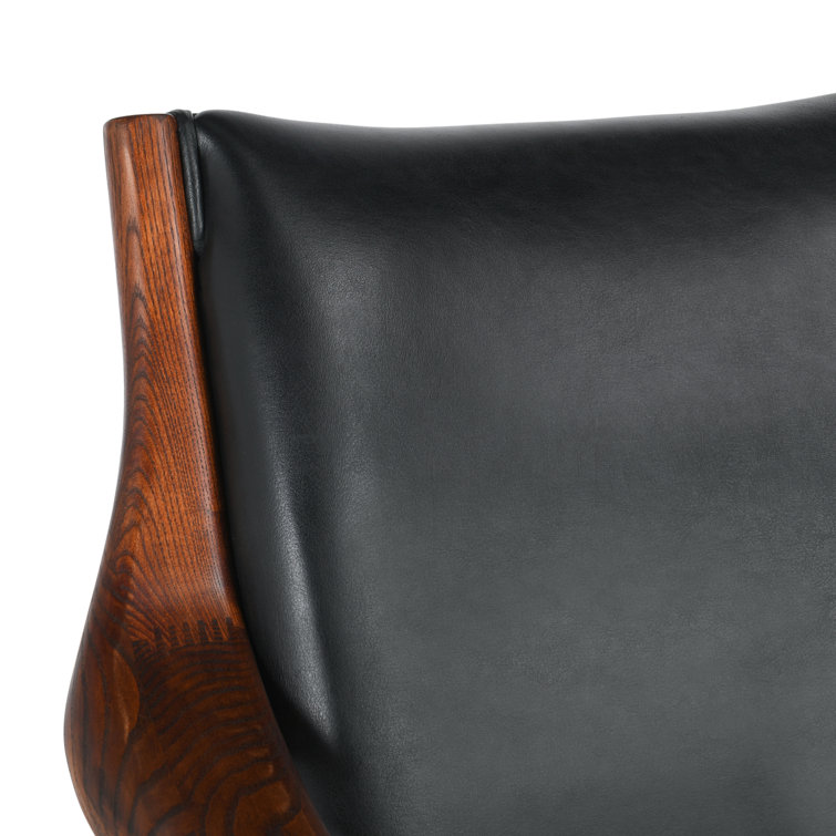 Transitional Black Genuine Leather and Wood Accent Chair