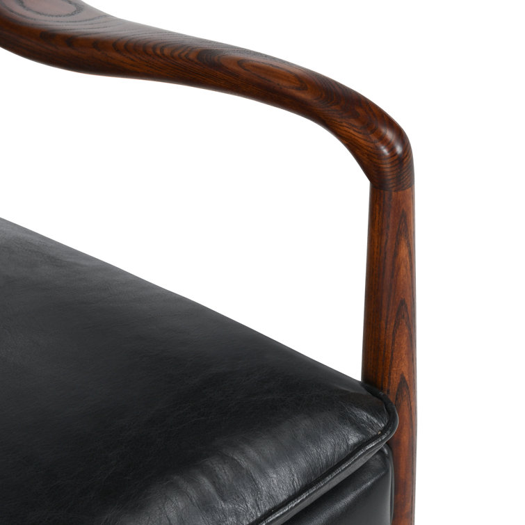 Transitional Black Genuine Leather and Wood Accent Chair