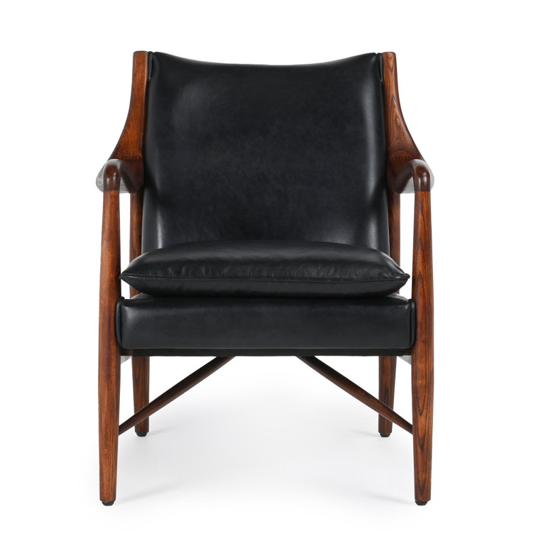 Transitional Black Genuine Leather and Wood Accent Chair