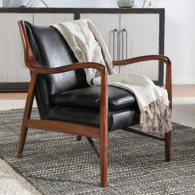 Transitional Black Genuine Leather and Wood Accent Chair