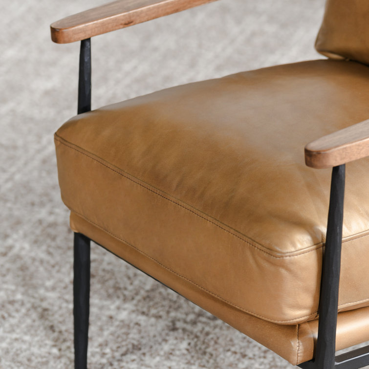 Transitional Handcrafted Tan Leather Accent Chair with Metal Legs