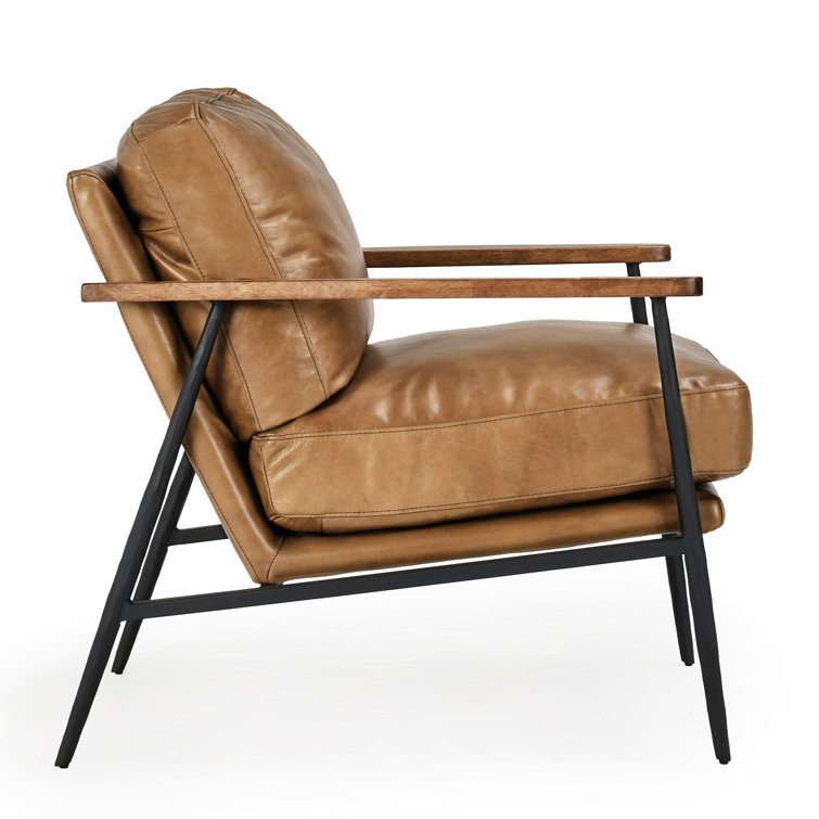 Transitional Handcrafted Tan Leather Accent Chair with Metal Legs