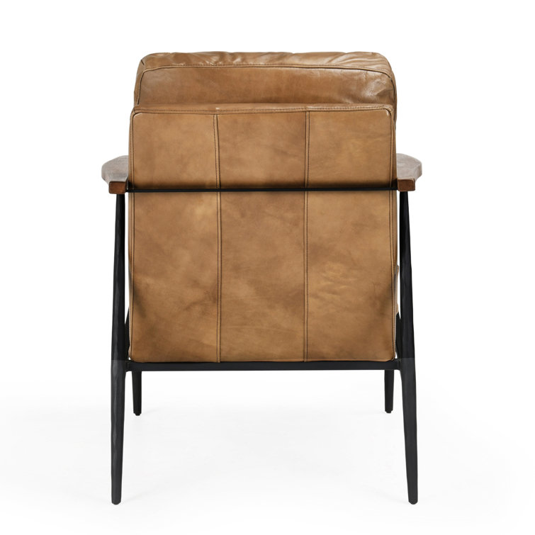 Transitional Handcrafted Tan Leather Accent Chair with Metal Legs