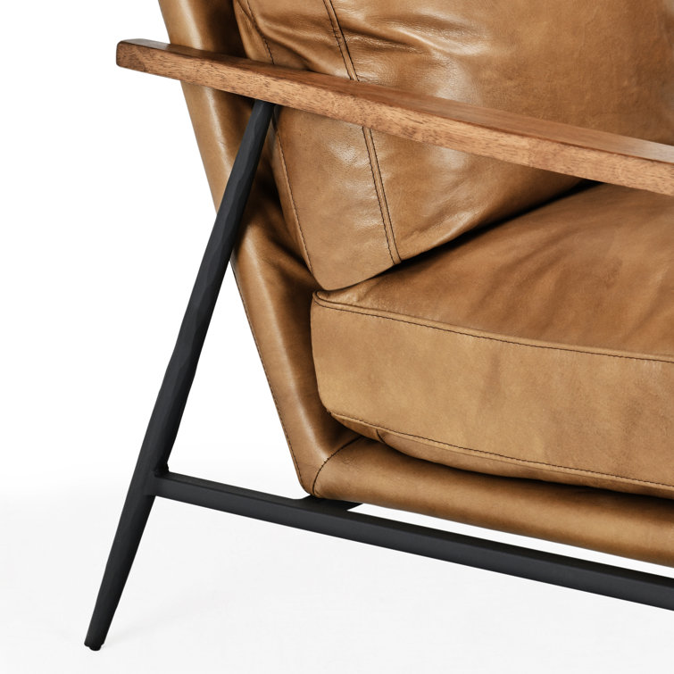 Transitional Handcrafted Tan Leather Accent Chair with Metal Legs