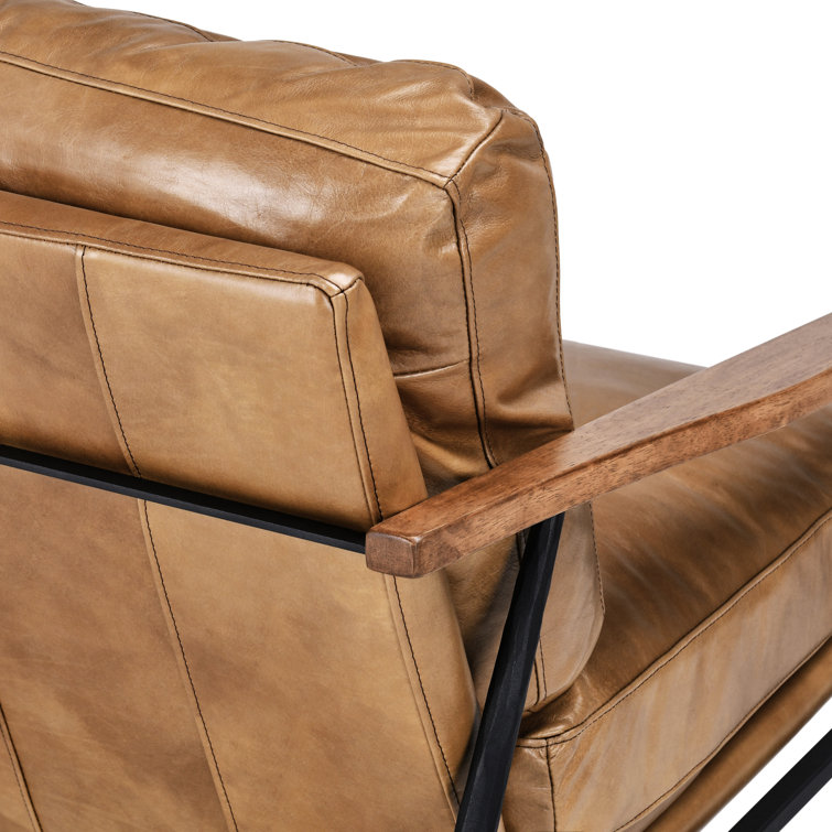 Transitional Handcrafted Tan Leather Accent Chair with Metal Legs