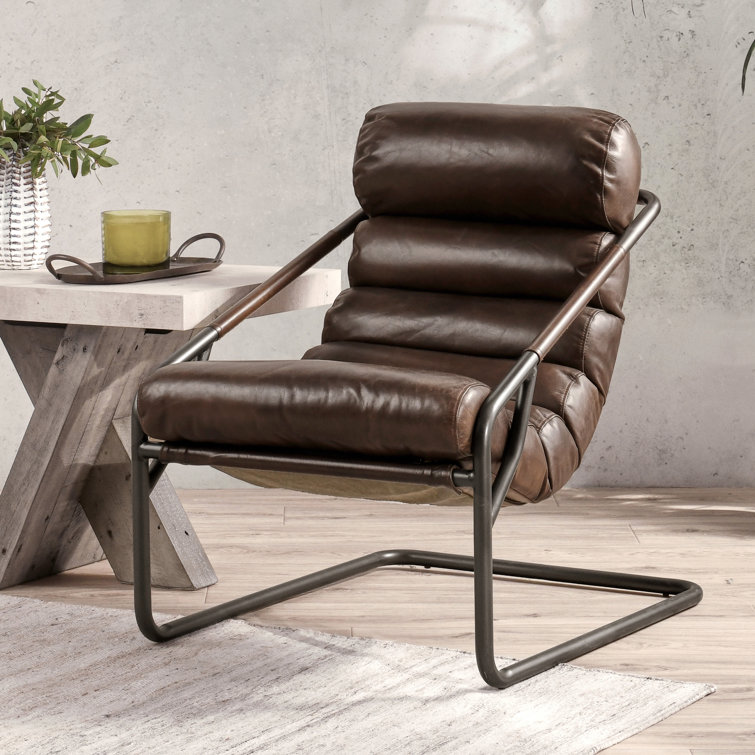 Handcrafted Transitional Leather Accent Chair with Metal Frame