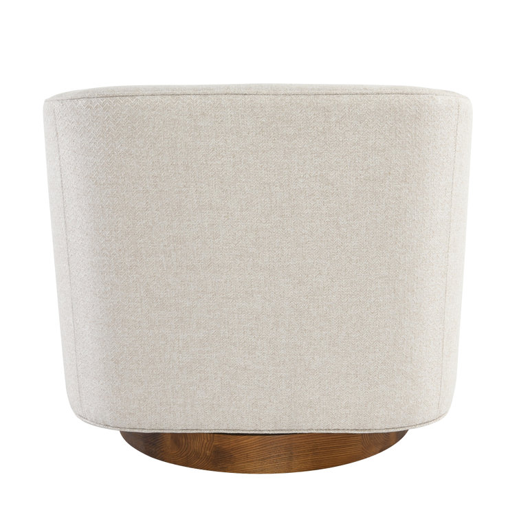 French Beige Basketweave Swivel Accent Chair with Wood Base