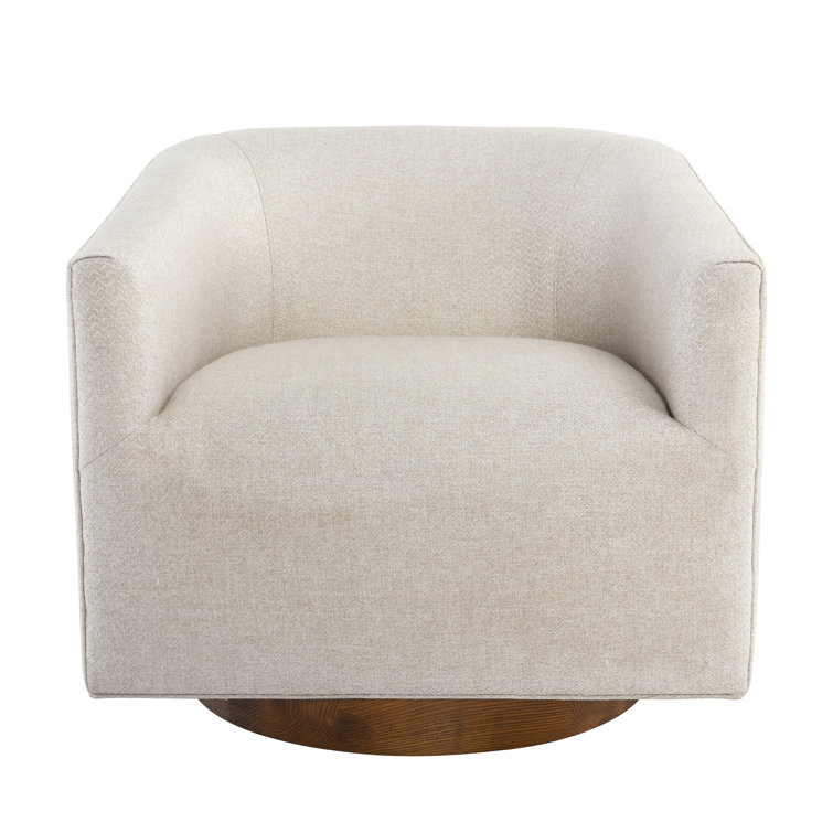 French Beige Basketweave Swivel Accent Chair with Wood Base