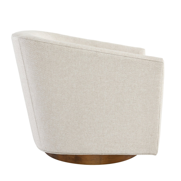 French Beige Basketweave Swivel Accent Chair with Wood Base